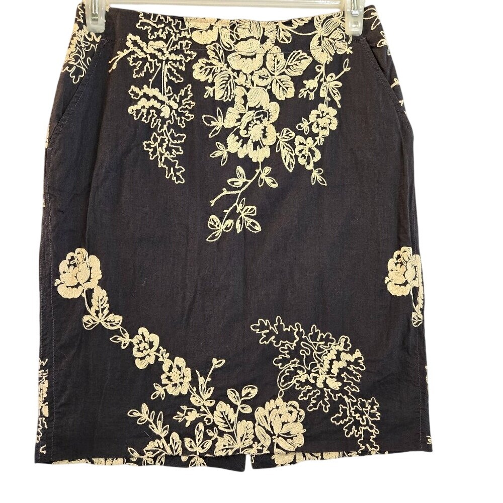 J.Crew Women Black Floral Embroidered Cotton Pencil Skirt Size 6 Pocket Back